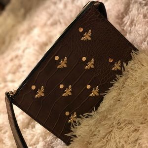 Brown Leather Clutch Bag with Gold Bees